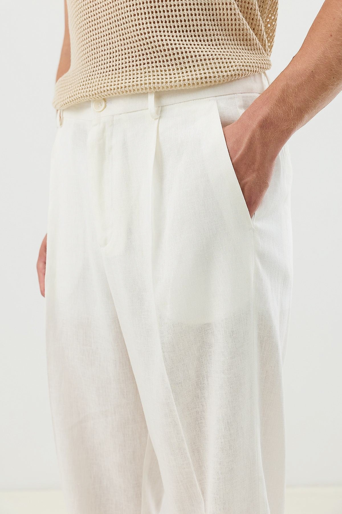 Keten Karışımlı Beli Lastikli Erkek Pantolon