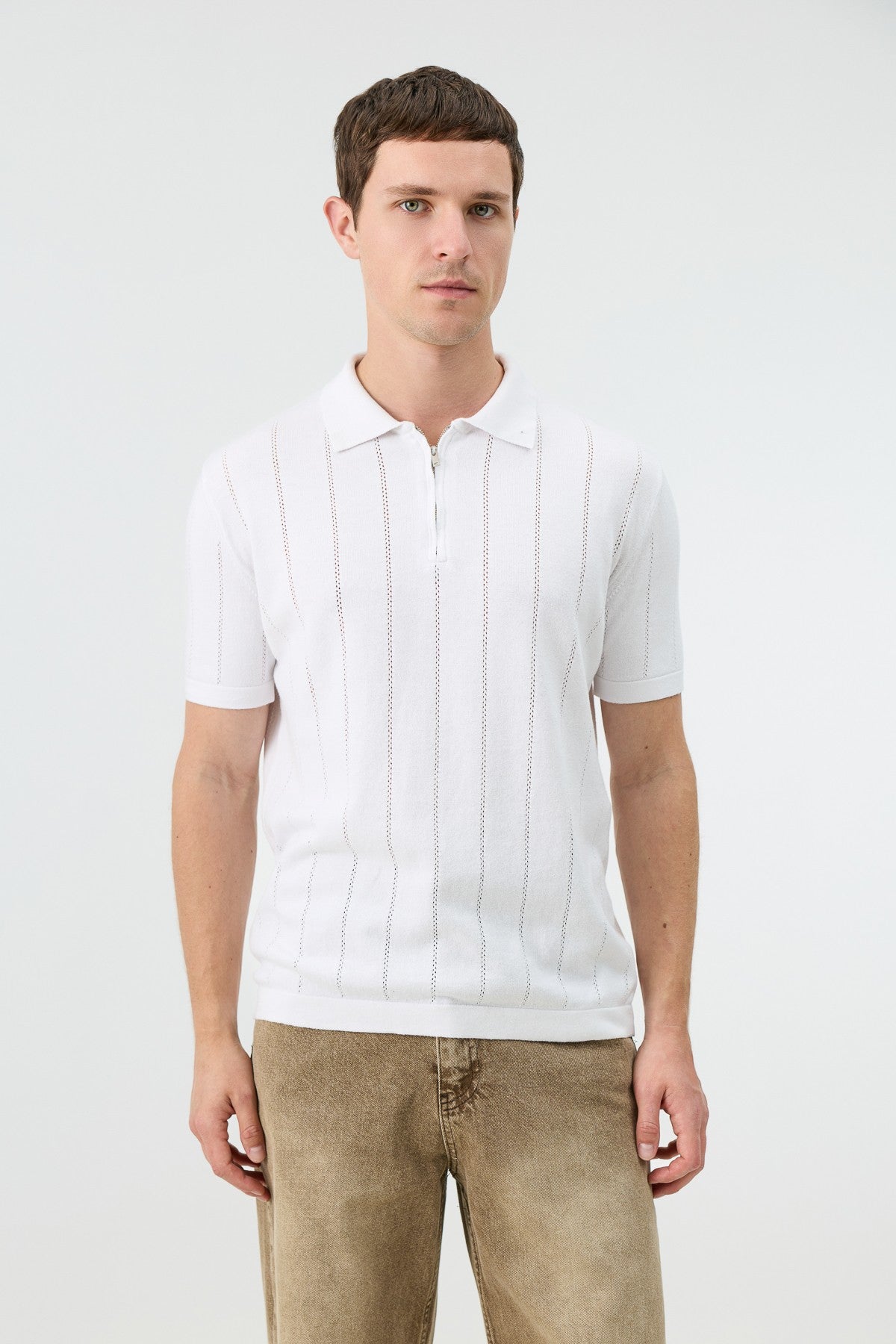 Antioch Fermuar Yaka Çizgili Triko Erkek T-Shirt
