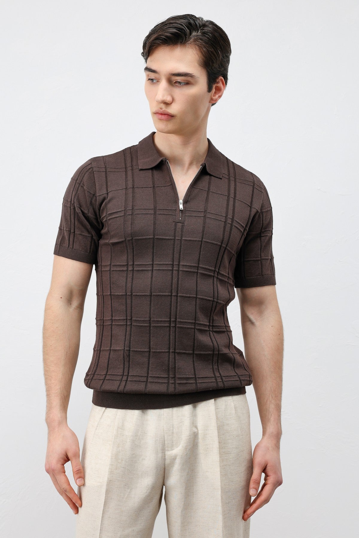 Kareli Desenli Erkek Triko T-Shirt