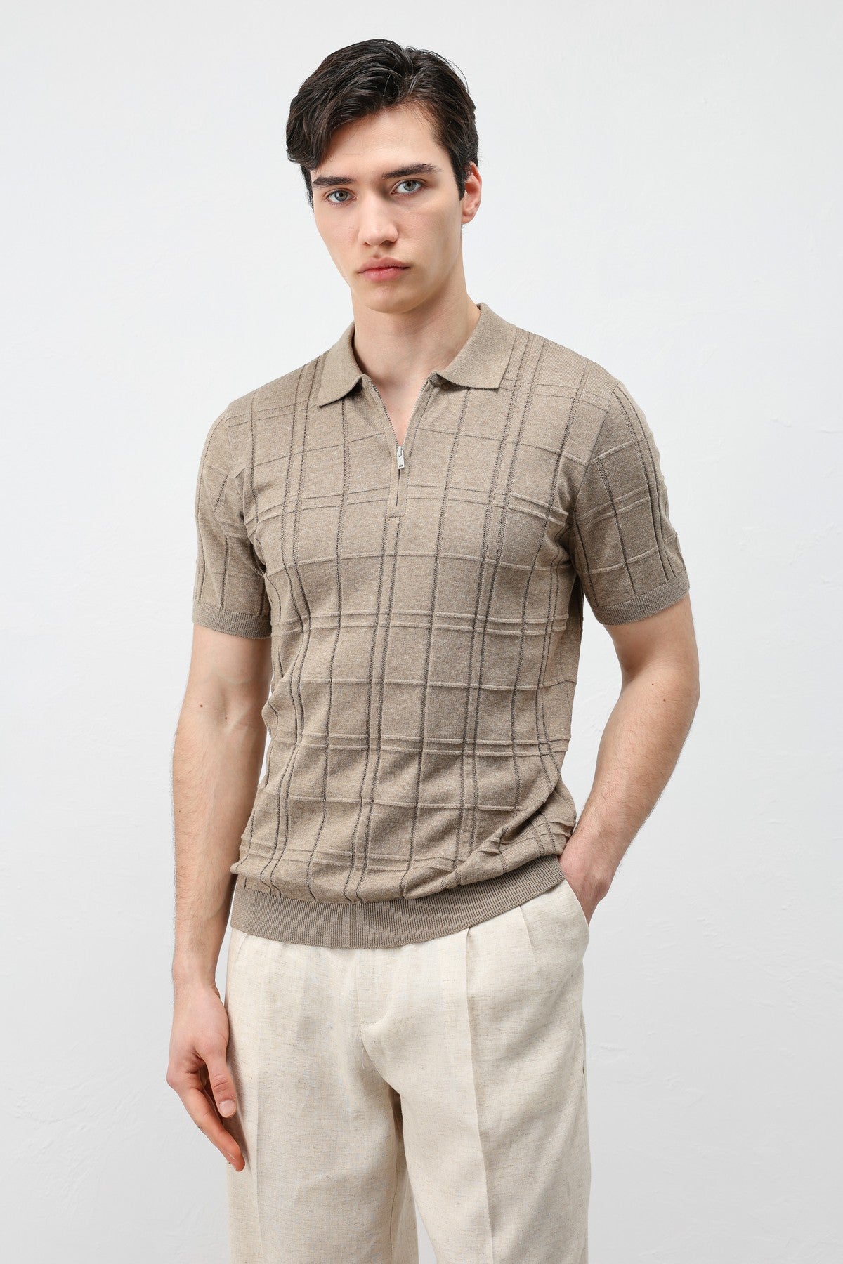 Kareli Desenli Erkek Triko T-Shirt