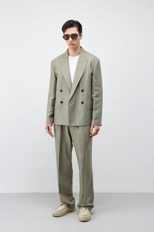 Keten Karışımlı Çizgili Erkek Blazer Ceket