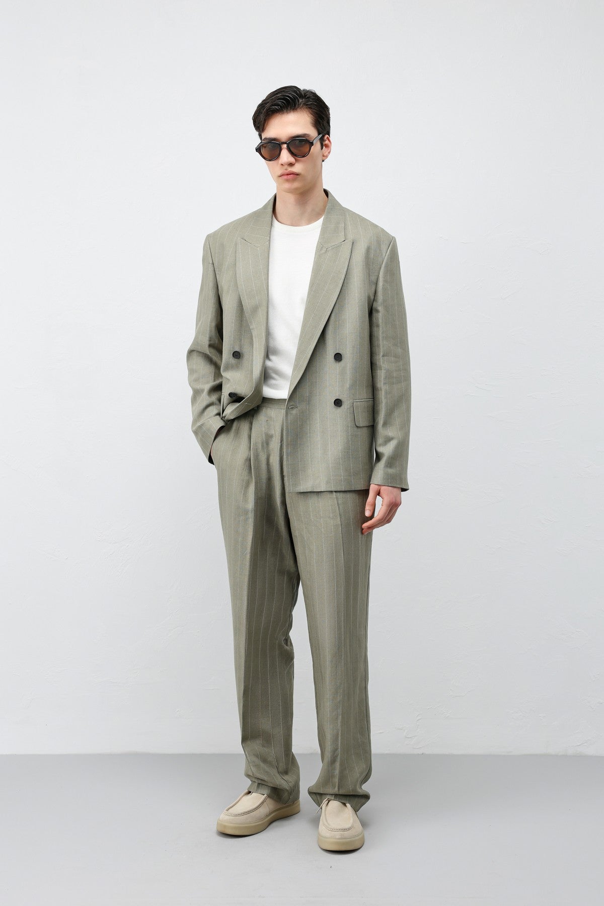 Keten Karışımlı Çizgili Erkek Blazer Ceket