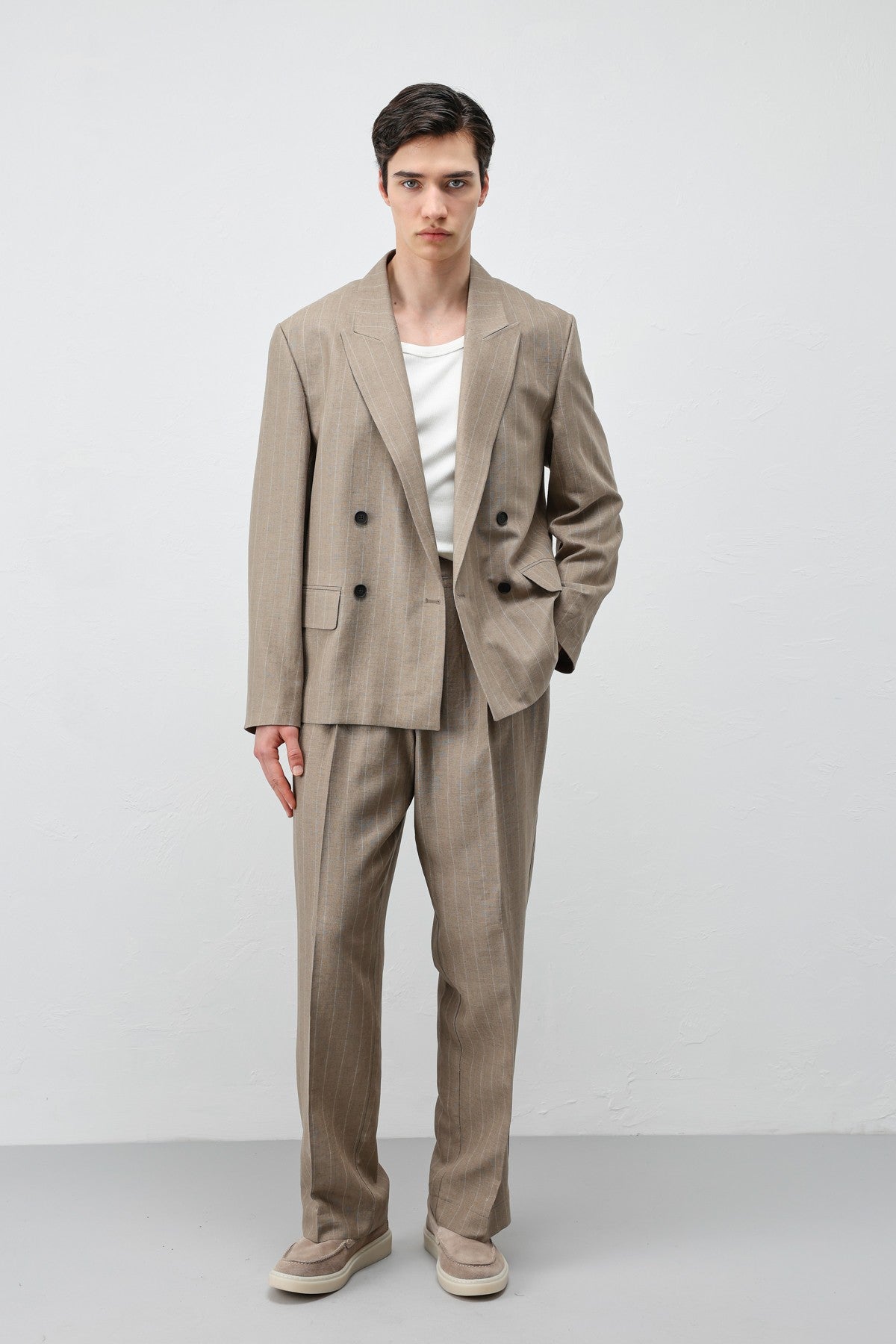 Antioch Keten Karışımlı Çizgili Erkek Blazer Ceket