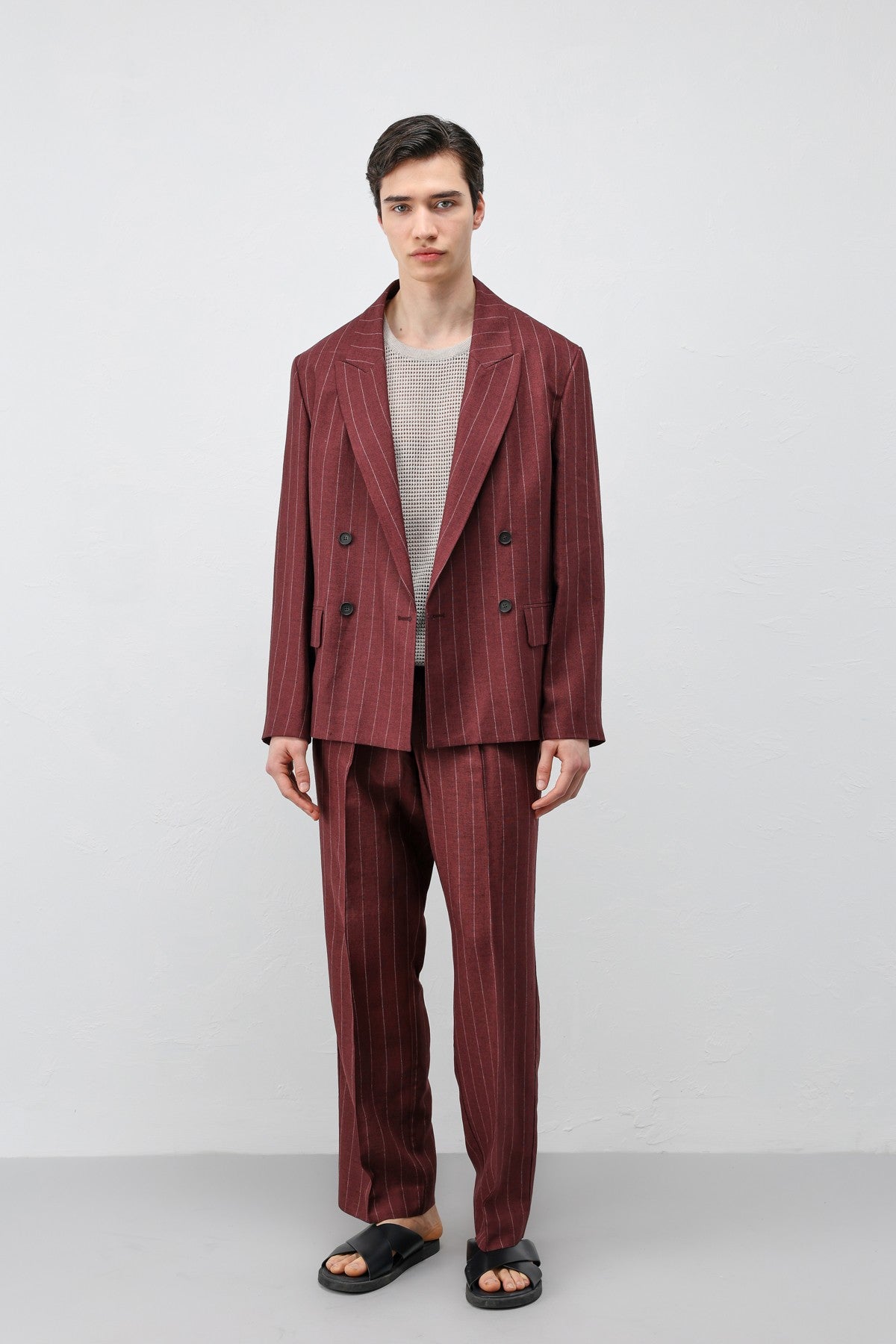 Antioch Keten Karışımlı Çizgili Erkek Blazer Ceket
