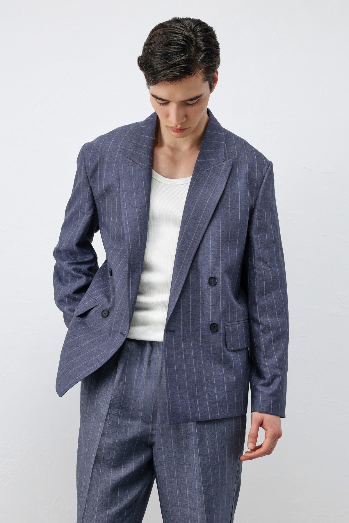 Antioch Keten Karışımlı Çizgili Erkek Blazer Ceket