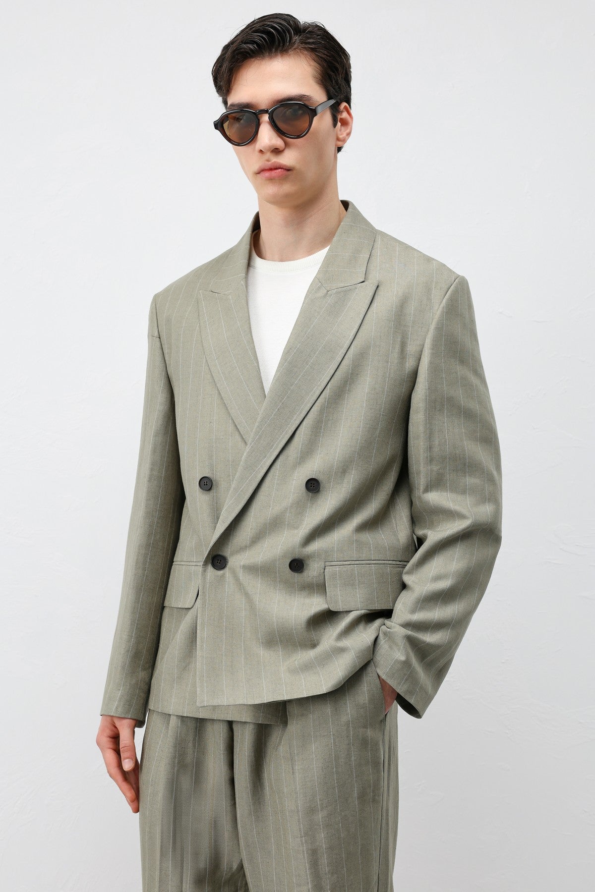 Keten Karışımlı Çizgili Erkek Blazer Ceket