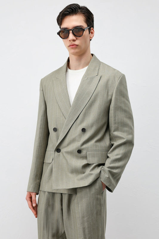 Keten Karışımlı Çizgili Erkek Blazer Ceket
