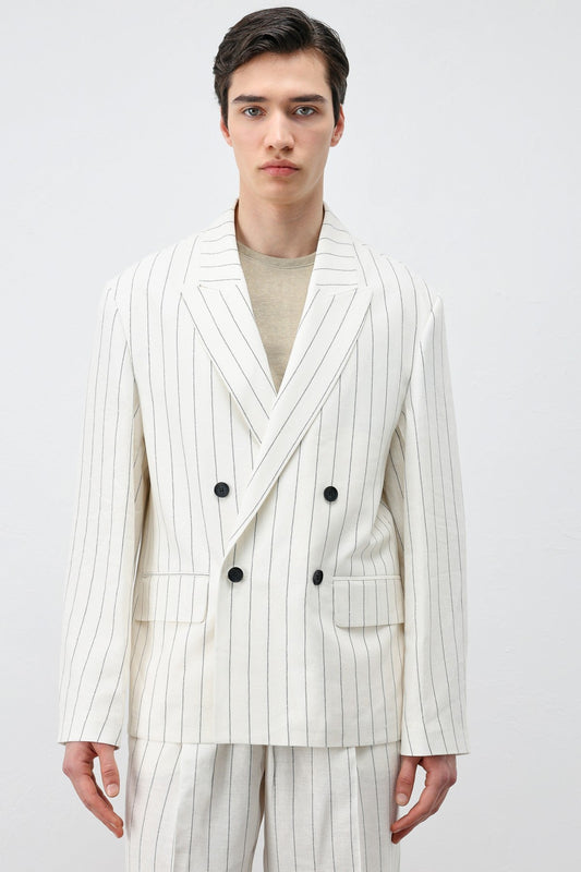 Antioch Keten Karışımlı Çizgili Erkek Blazer Ceket