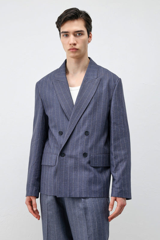Antioch Keten Karışımlı Çizgili Erkek Blazer Ceket