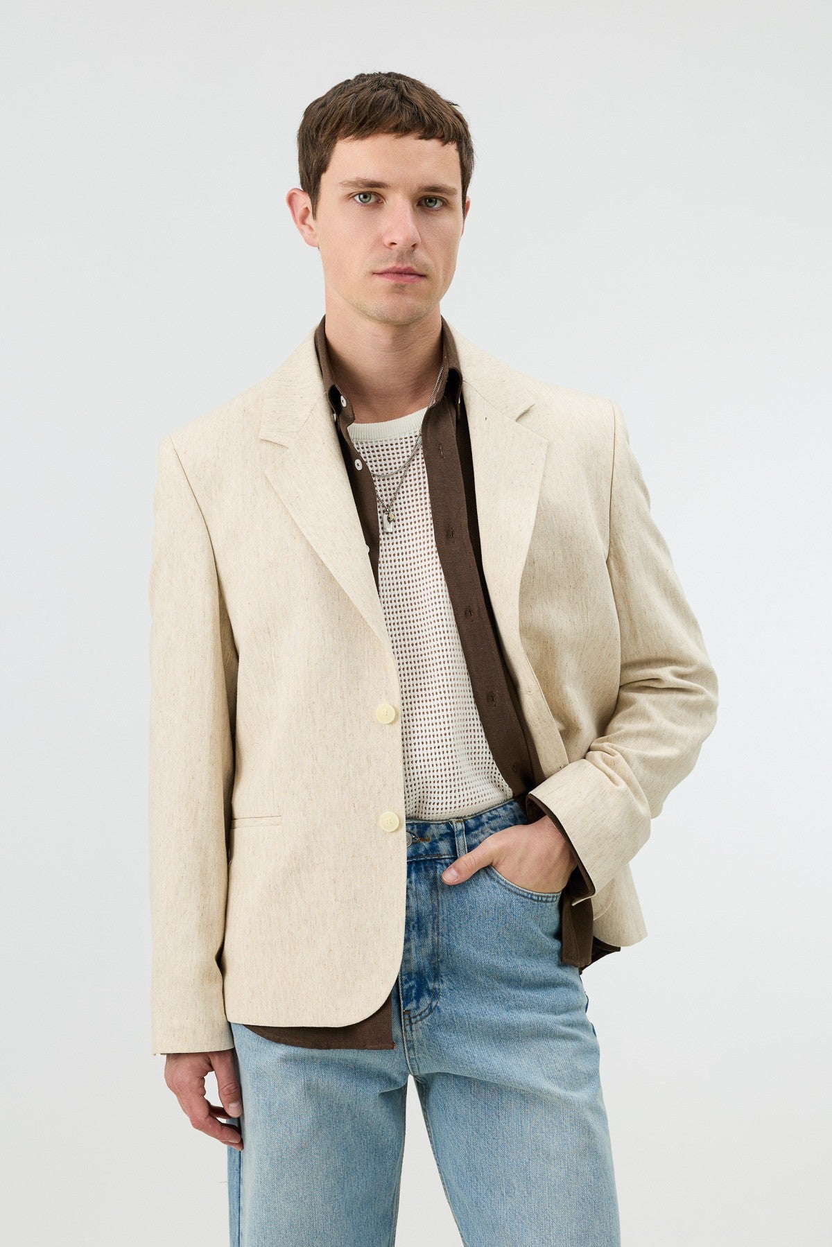 Antioch Keten Karışımlı Balıksırtı Desenli Erkek Blazer Ceket