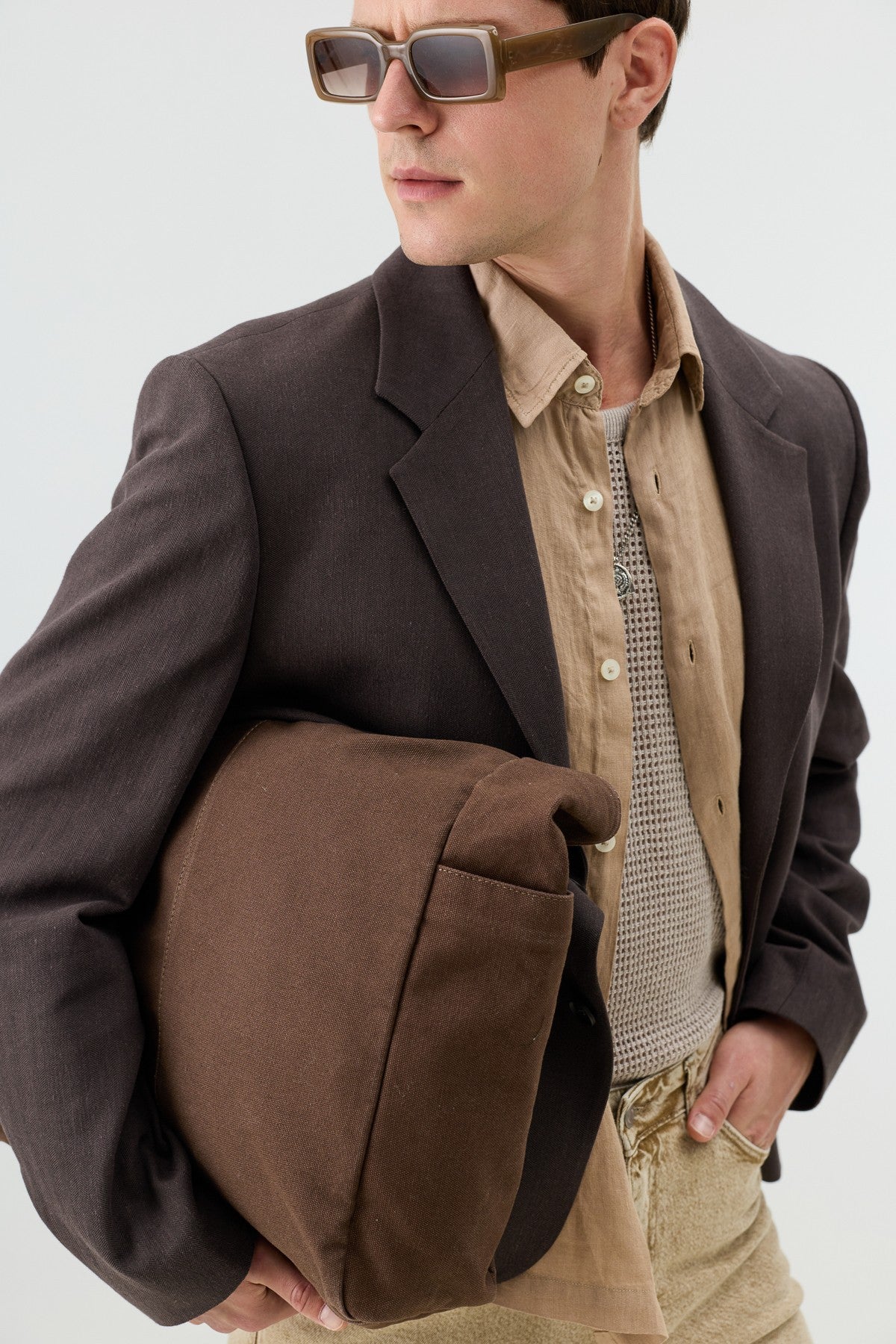 Antioch Keten Karışımlı Balıksırtı Desenli Erkek Blazer Ceket