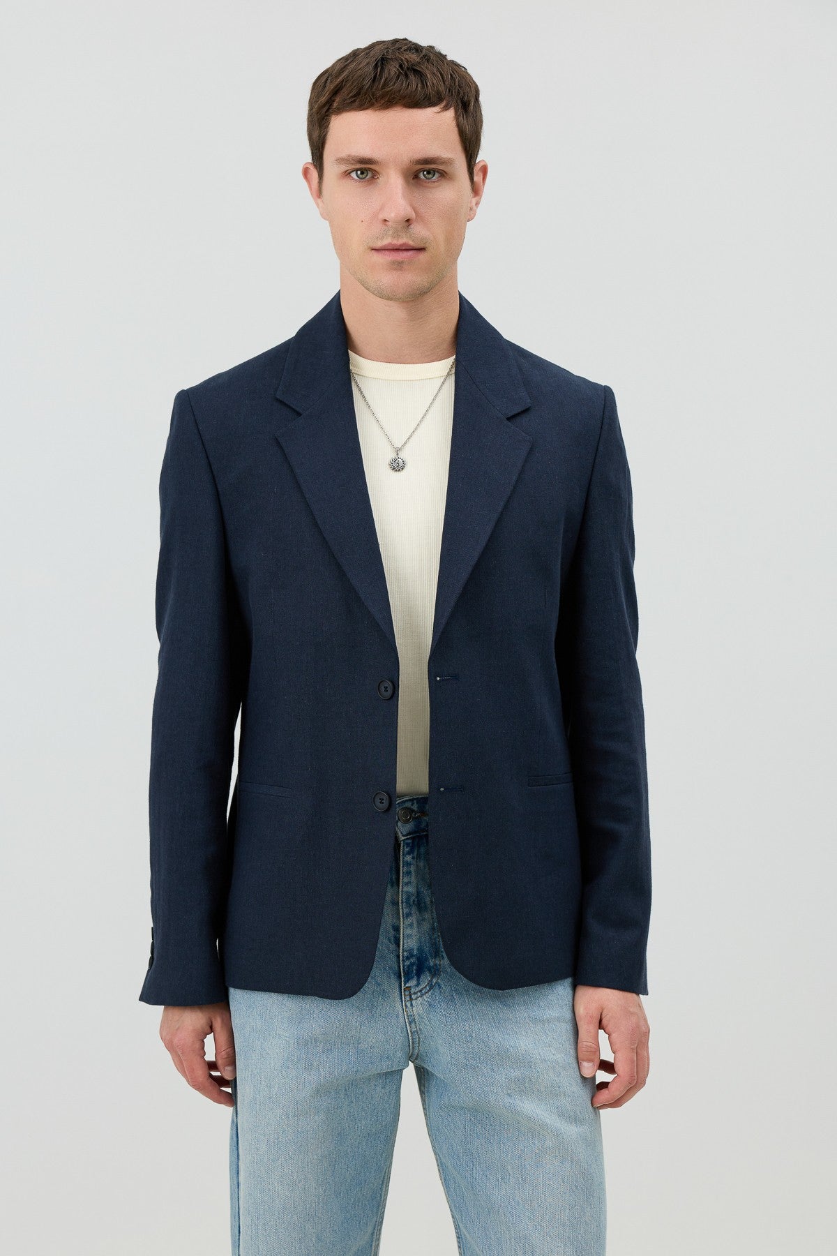 Antioch Keten Karışımlı Balıksırtı Desenli Erkek Blazer Ceket