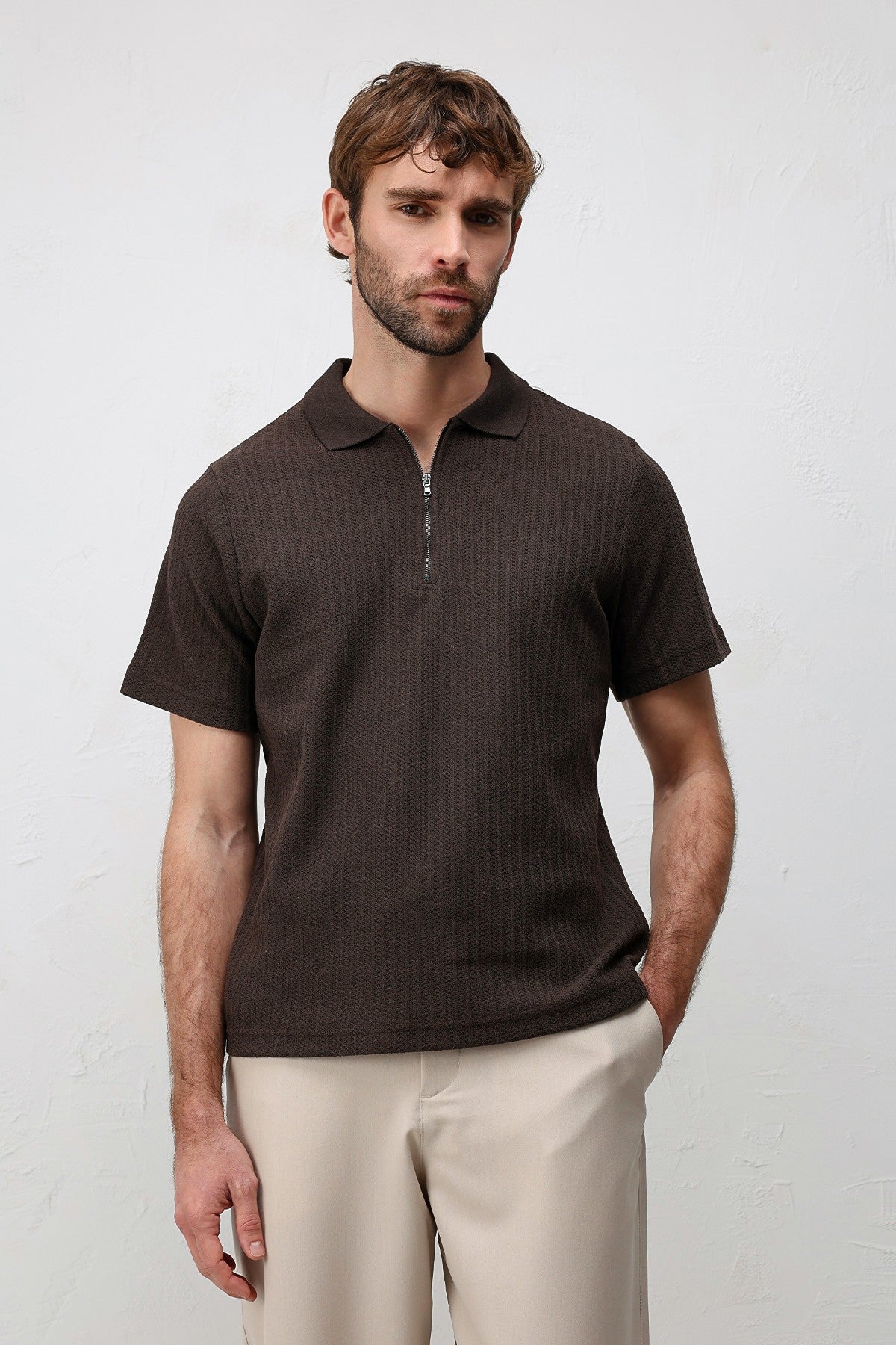 Dokulu Örme Polo Yaka Erkek T-Shirt
