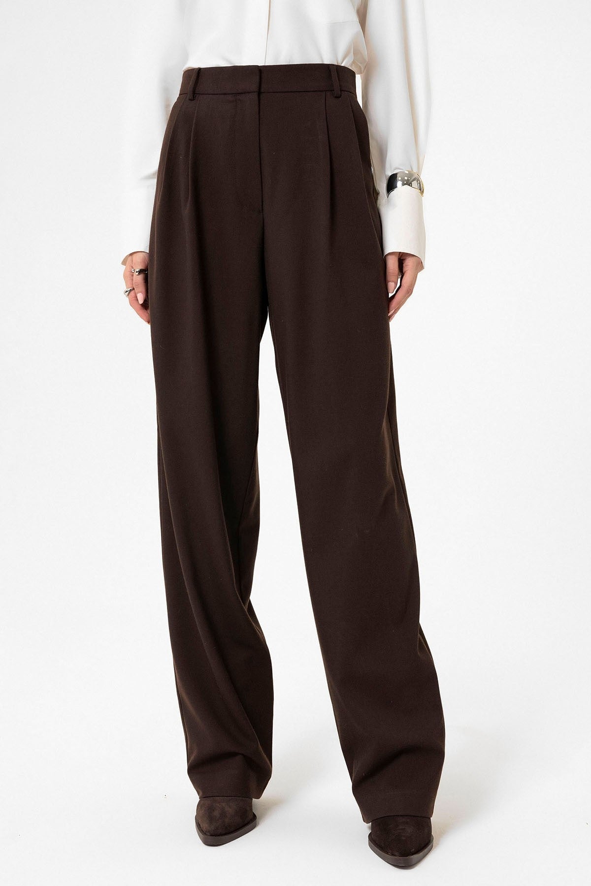 Kadın Yüksek Bel Pens Detaylı Straight Fit Pantolon