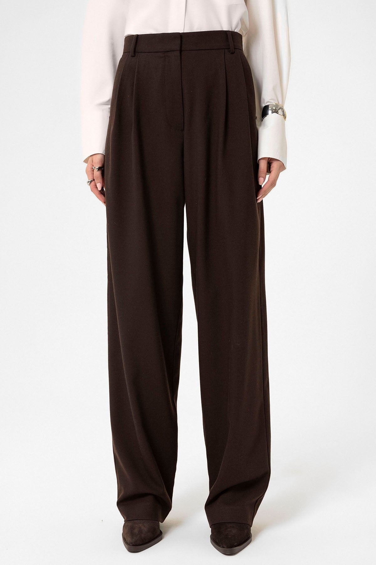 Kadın Yüksek Bel Pens Detaylı Straight Fit Pantolon