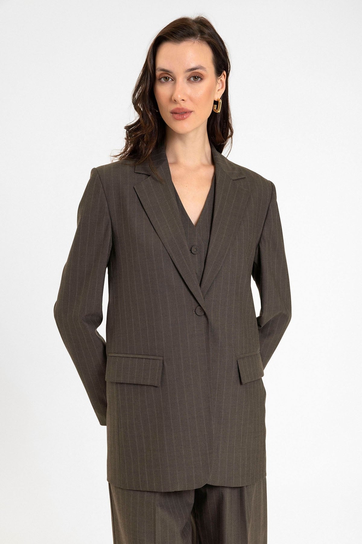Antioch Kadın Tek Düğme Çizgili Blazer Ceket