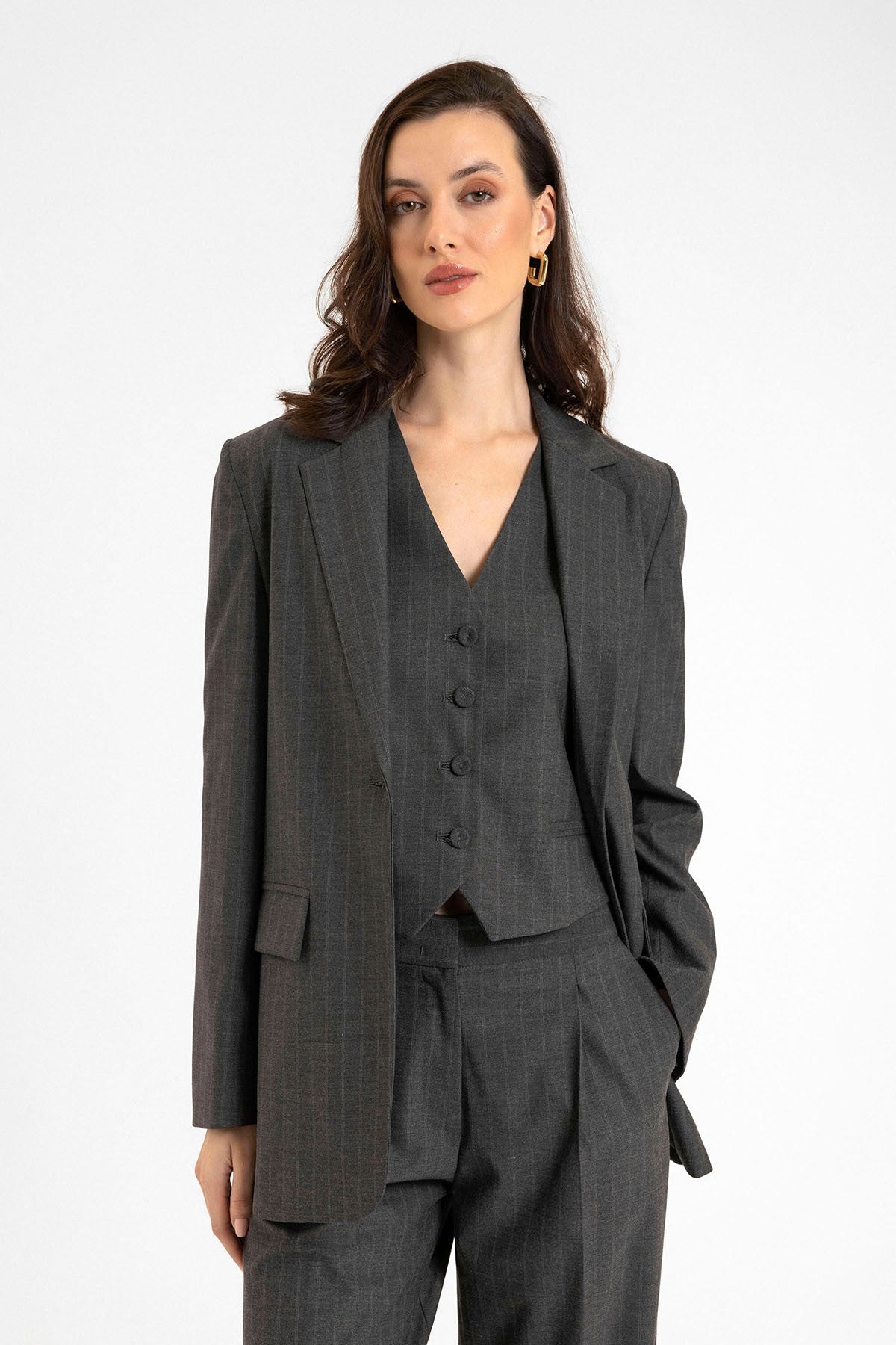 Antioch Kadın Tek Düğme Çizgili Blazer Ceket