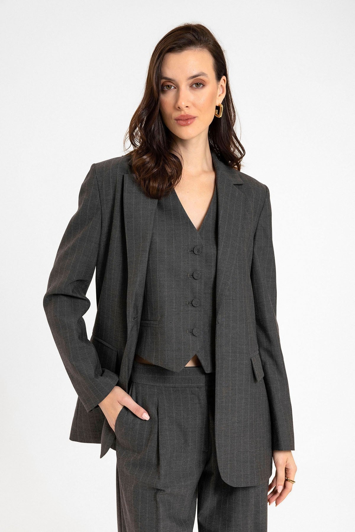 Antioch Kadın Tek Düğme Çizgili Blazer Ceket