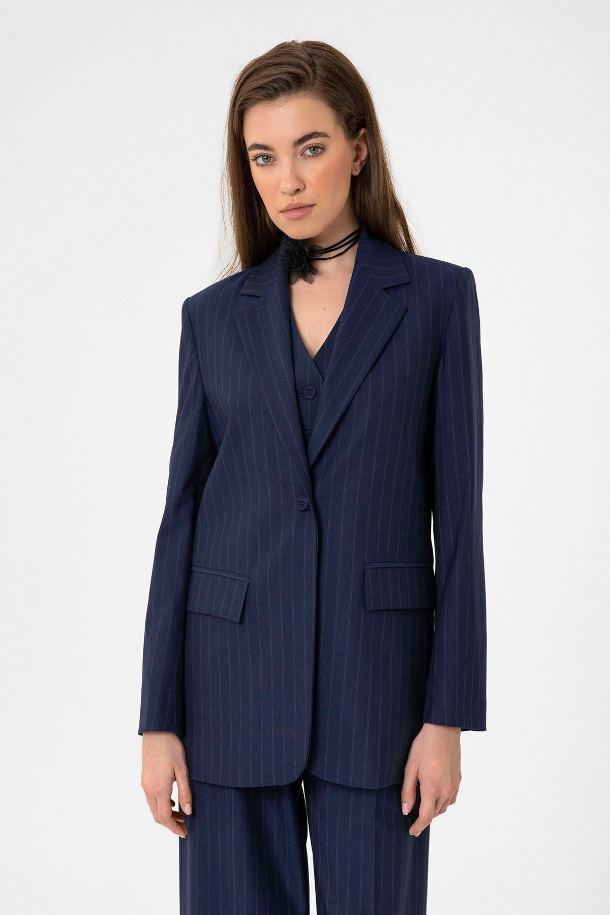 Antioch Kadın Tek Düğme Çizgili Blazer Ceket
