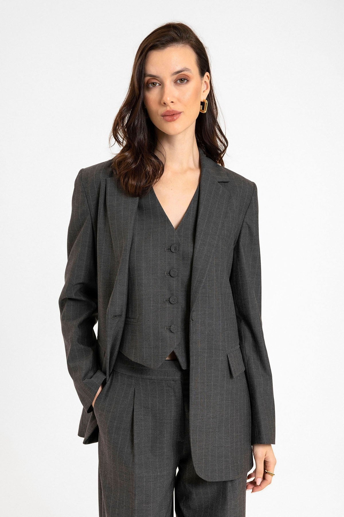 Antioch Kadın Tek Düğme Çizgili Blazer Ceket