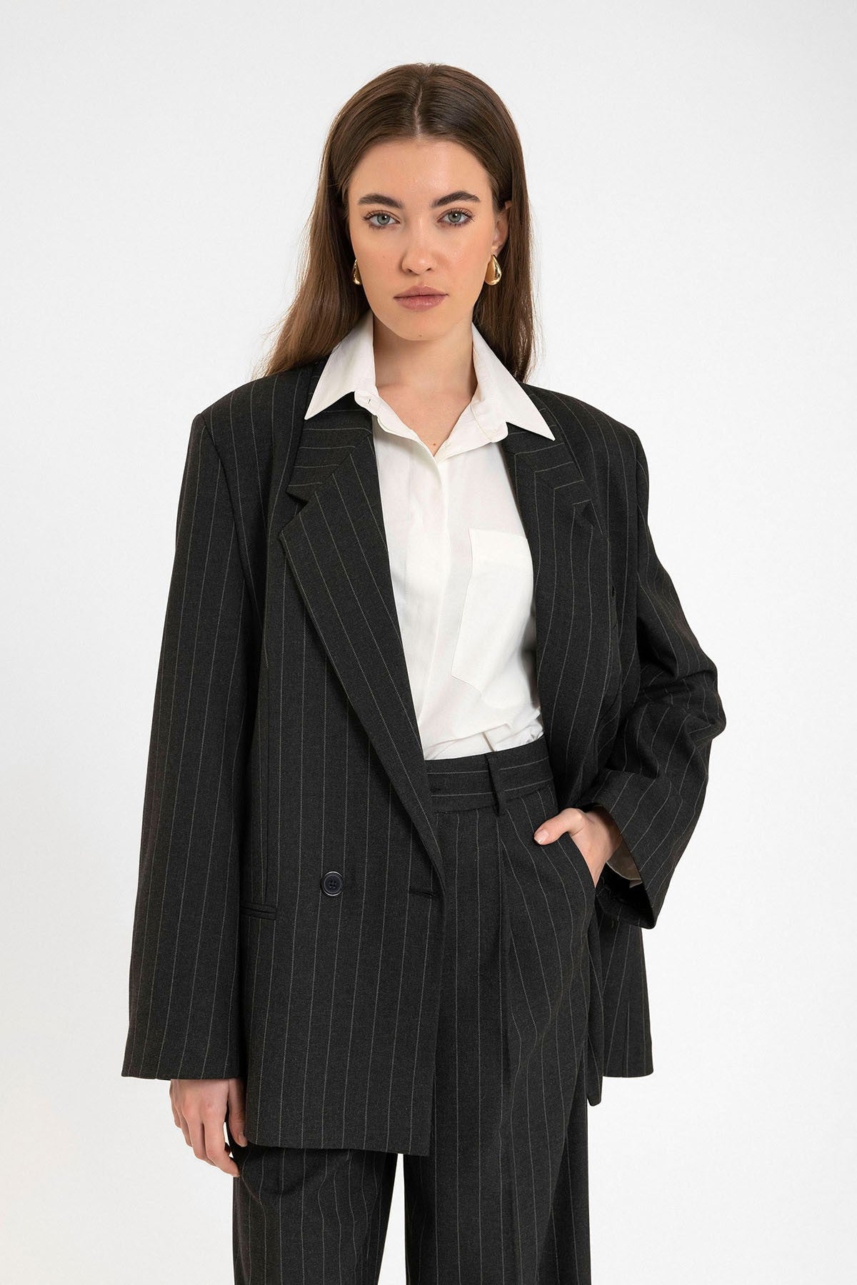 Antioch Kadın Çizgili Oversize Blazer Ceket