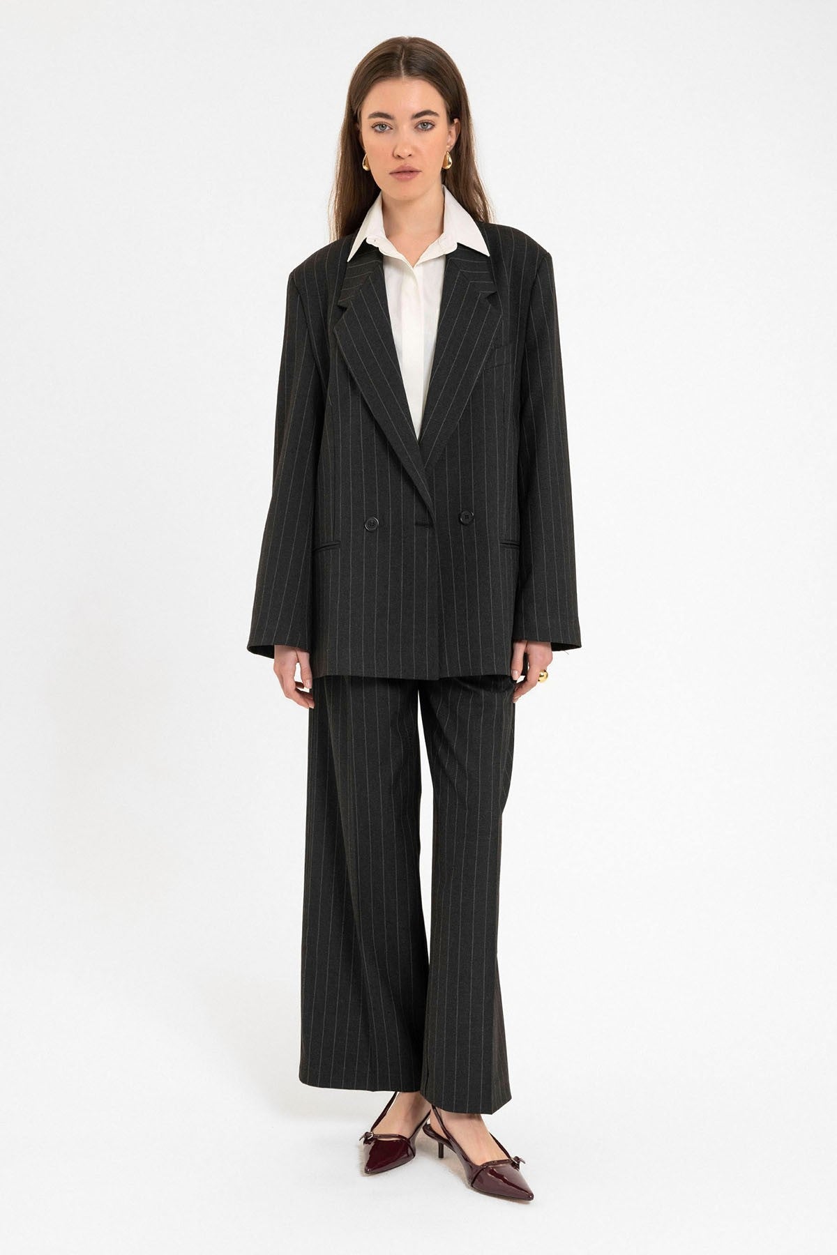 Antioch Kadın Çizgili Oversize Blazer Ceket