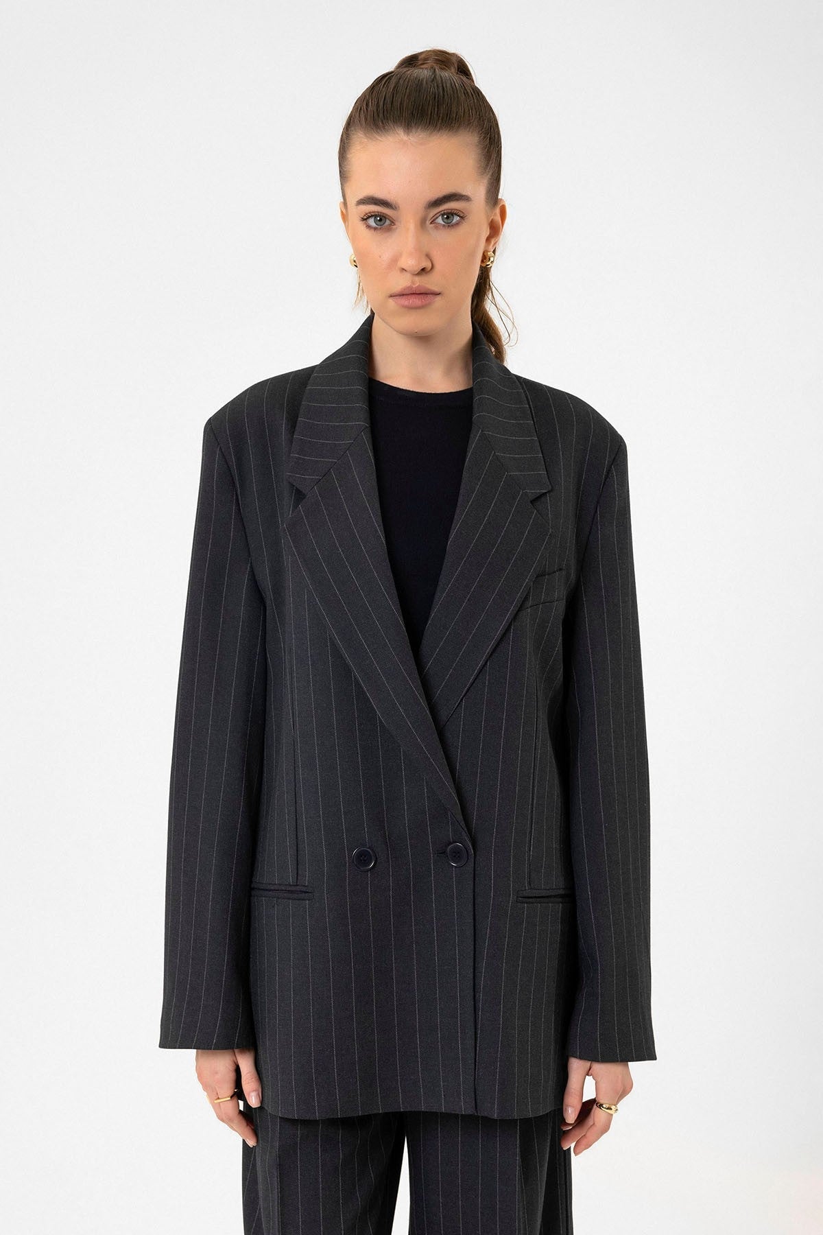 Antioch Kadın Çizgili Oversize Blazer Ceket