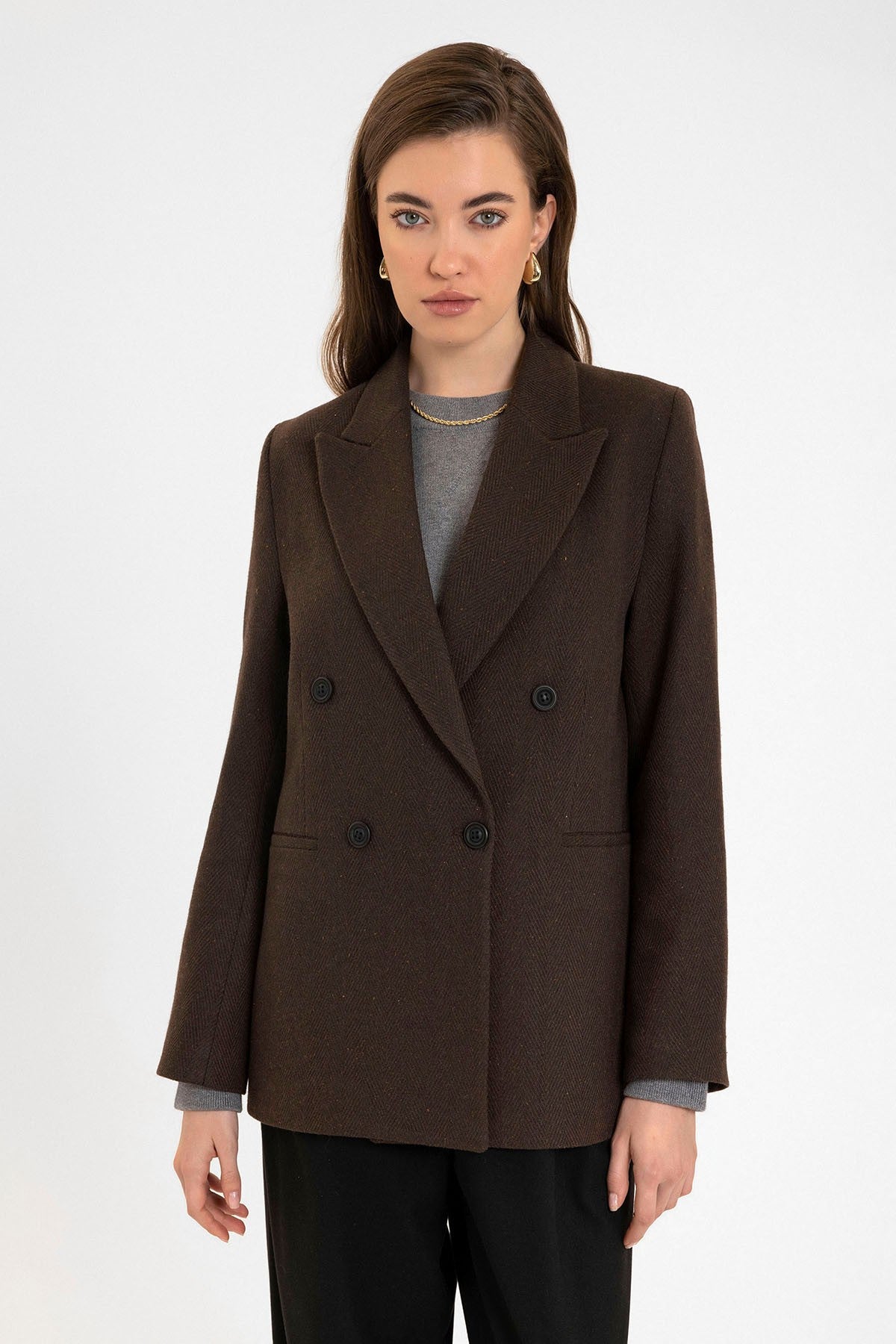 Antioch Kadın Yün Karışımlı Balıksırtı Desenli Blazer Ceket