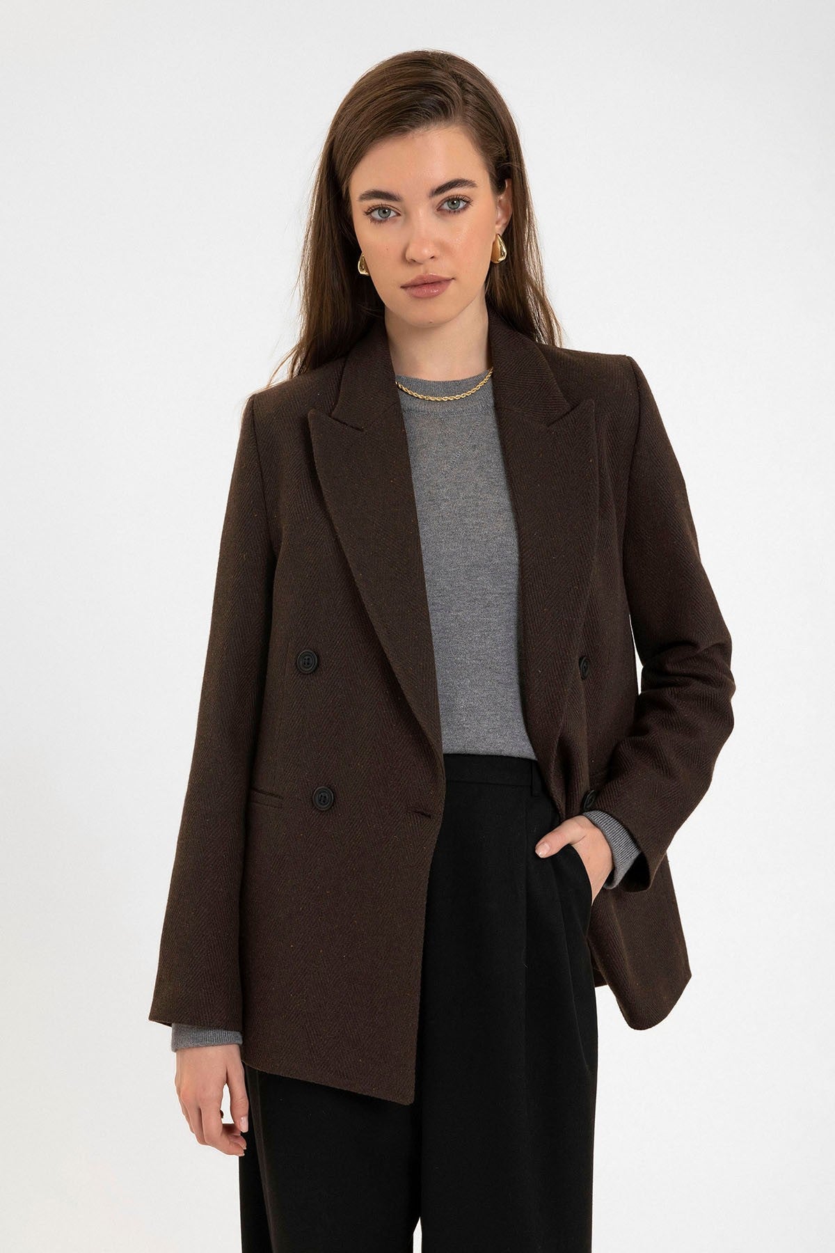Antioch Kadın Yün Karışımlı Balıksırtı Desenli Blazer Ceket