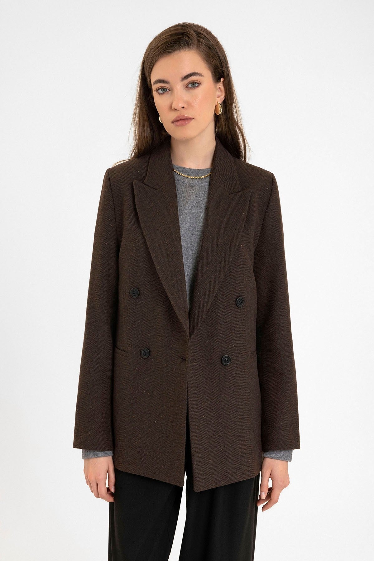 Antioch Kadın Yün Karışımlı Balıksırtı Desenli Blazer Ceket