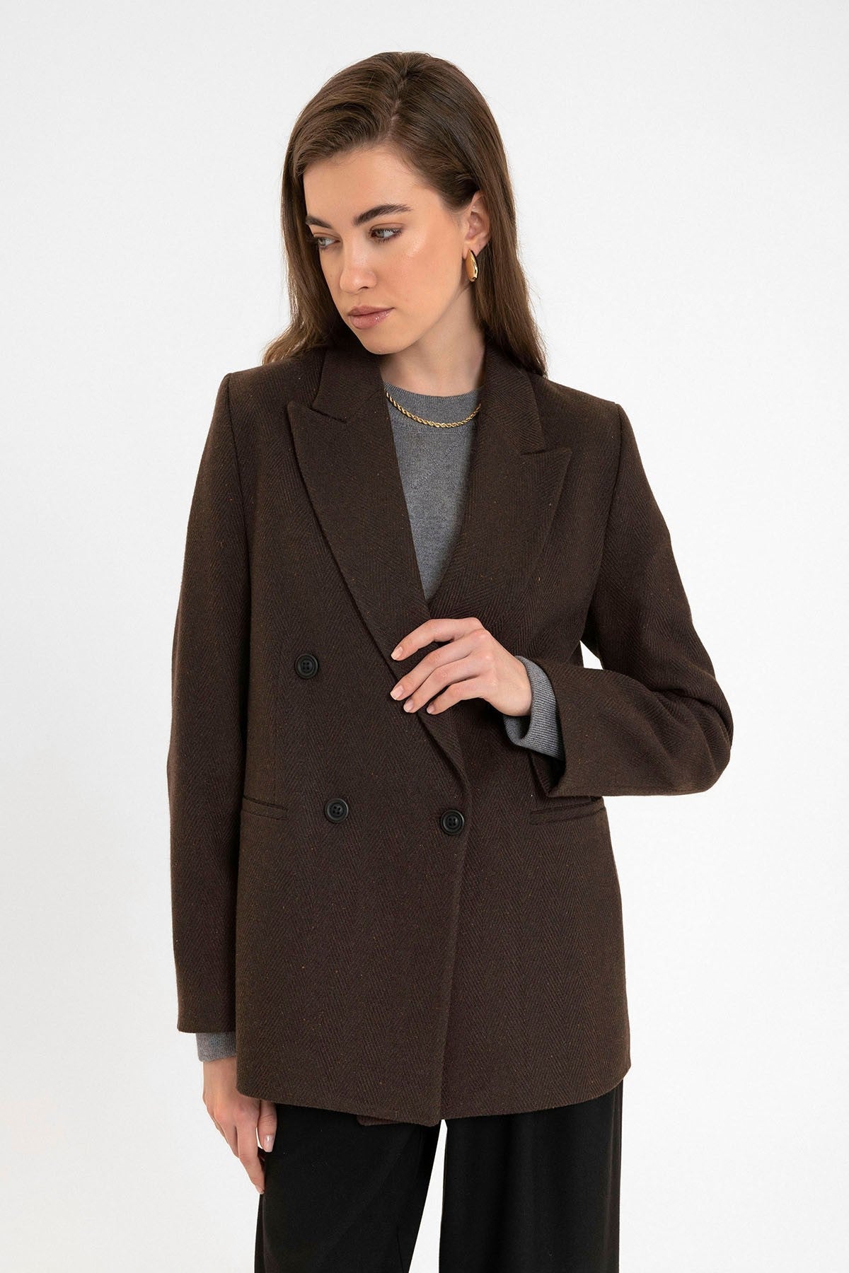 Antioch Kadın Yün Karışımlı Balıksırtı Desenli Blazer Ceket
