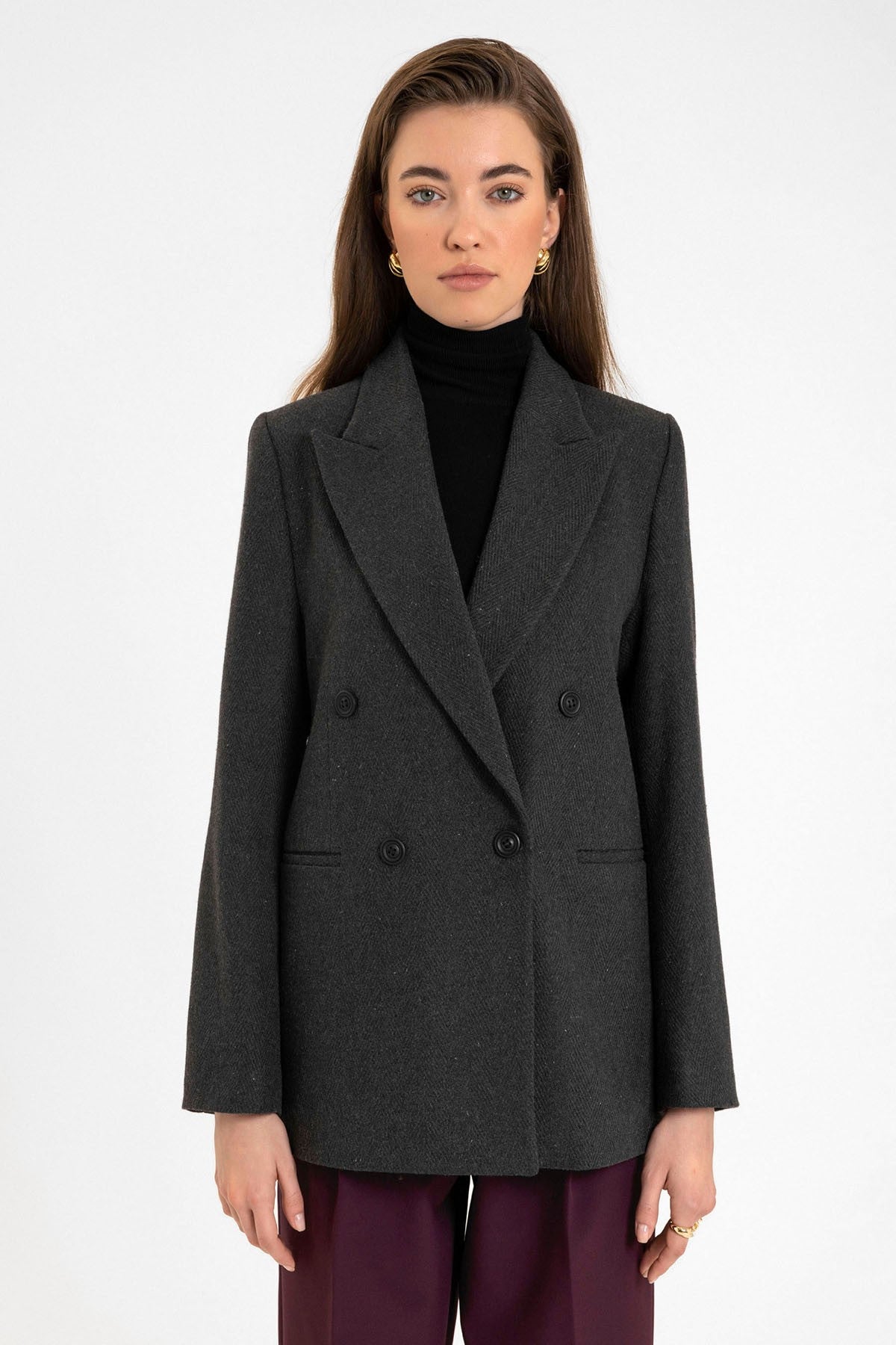 Antioch Kadın Yün Karışımlı Balıksırtı Desenli Blazer Ceket