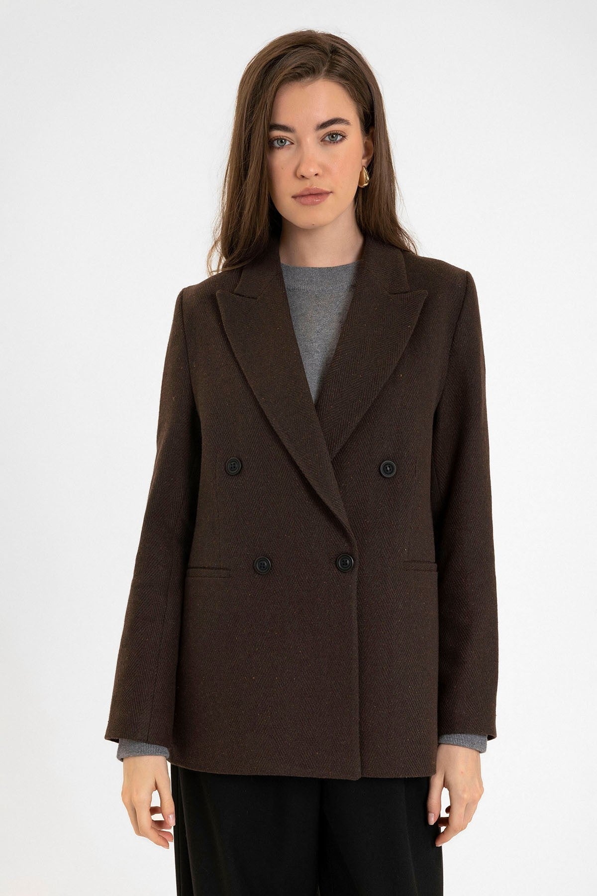 Antioch Kadın Yün Karışımlı Balıksırtı Desenli Blazer Ceket