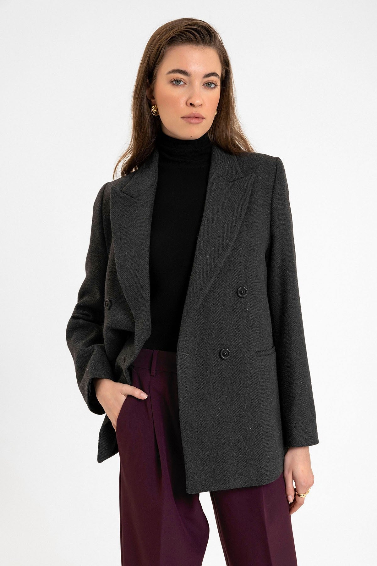 Antioch Kadın Yün Karışımlı Balıksırtı Desenli Blazer Ceket