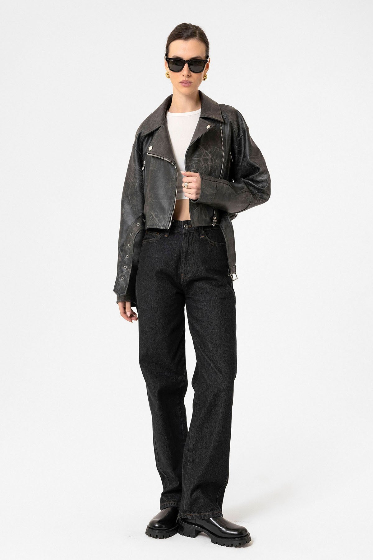 Antioch Kadın Suni Deri Crop Biker Ceket