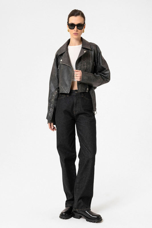 Antioch Kadın Suni Deri Crop Biker Ceket