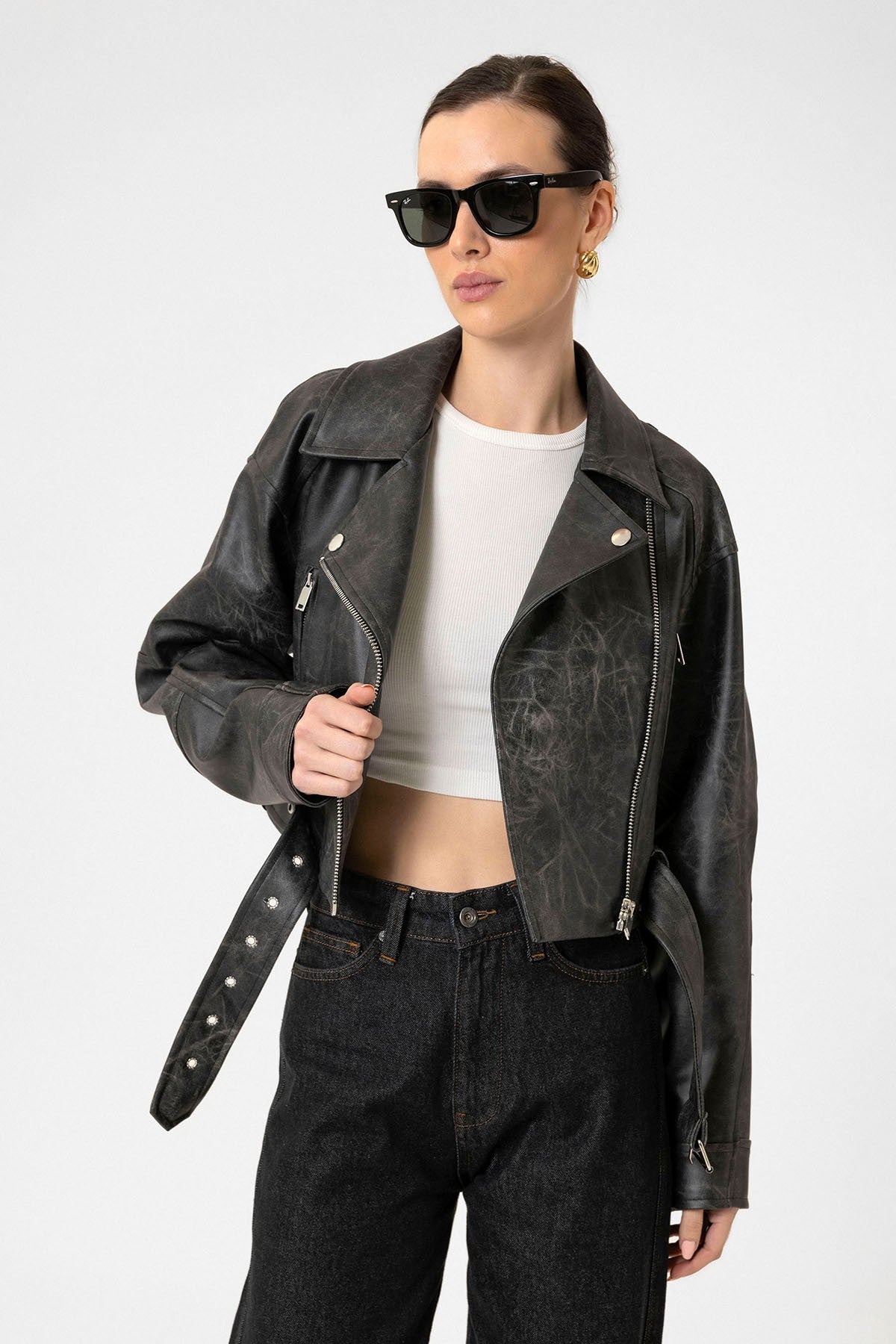 Antioch Kadın Suni Deri Crop Biker Ceket