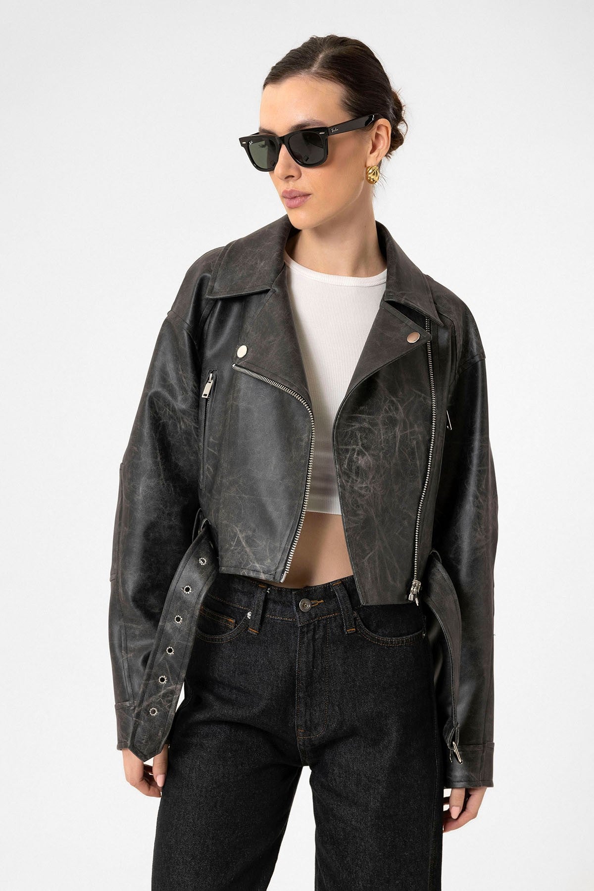 Antioch Kadın Suni Deri Crop Biker Ceket