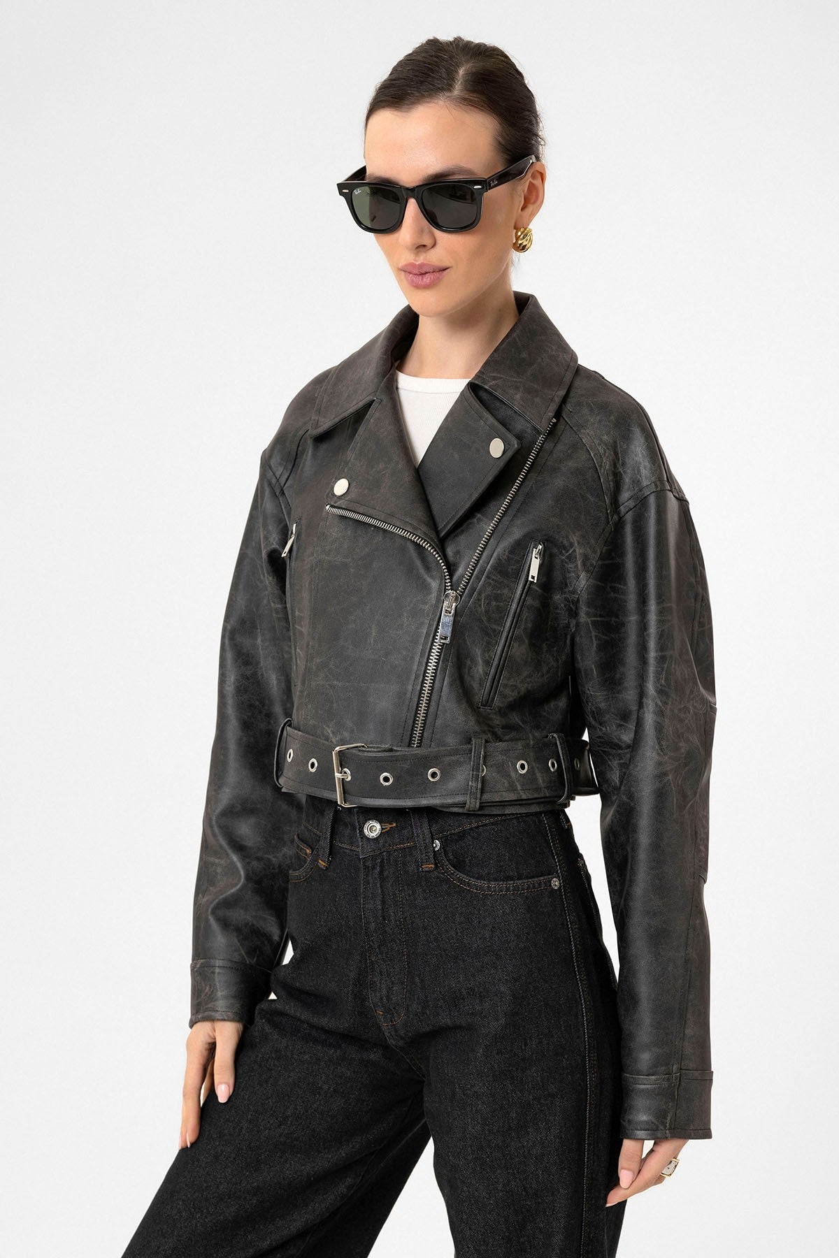 Antioch Kadın Suni Deri Crop Biker Ceket
