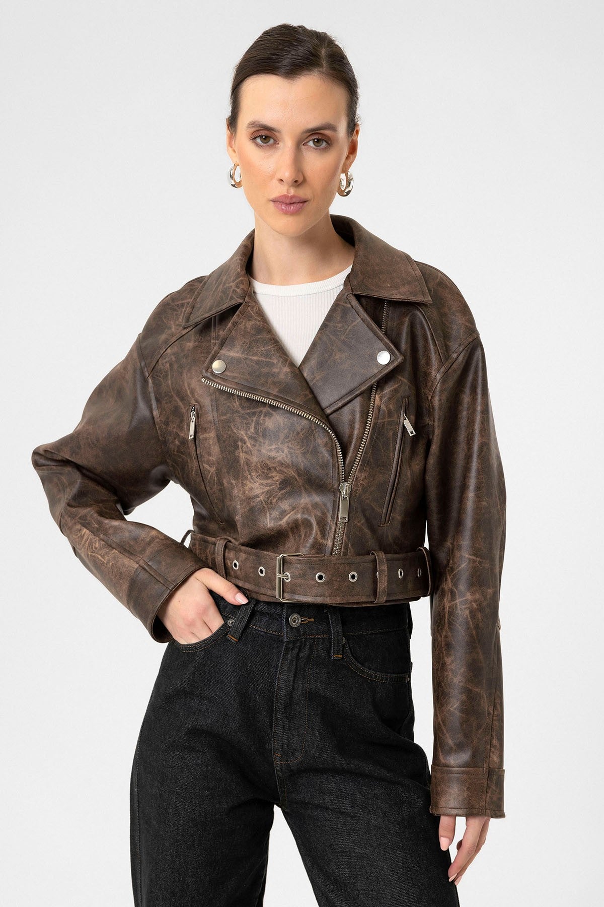 Antioch Kadın Suni Deri Crop Biker Ceket