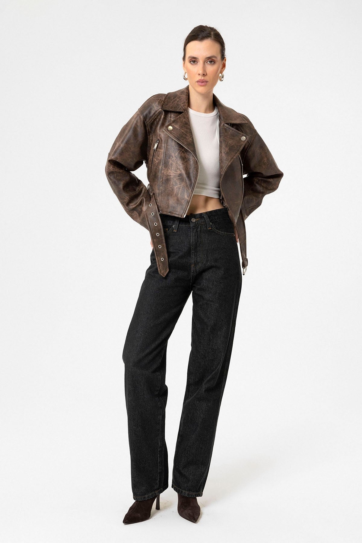 Antioch Kadın Suni Deri Crop Biker Ceket