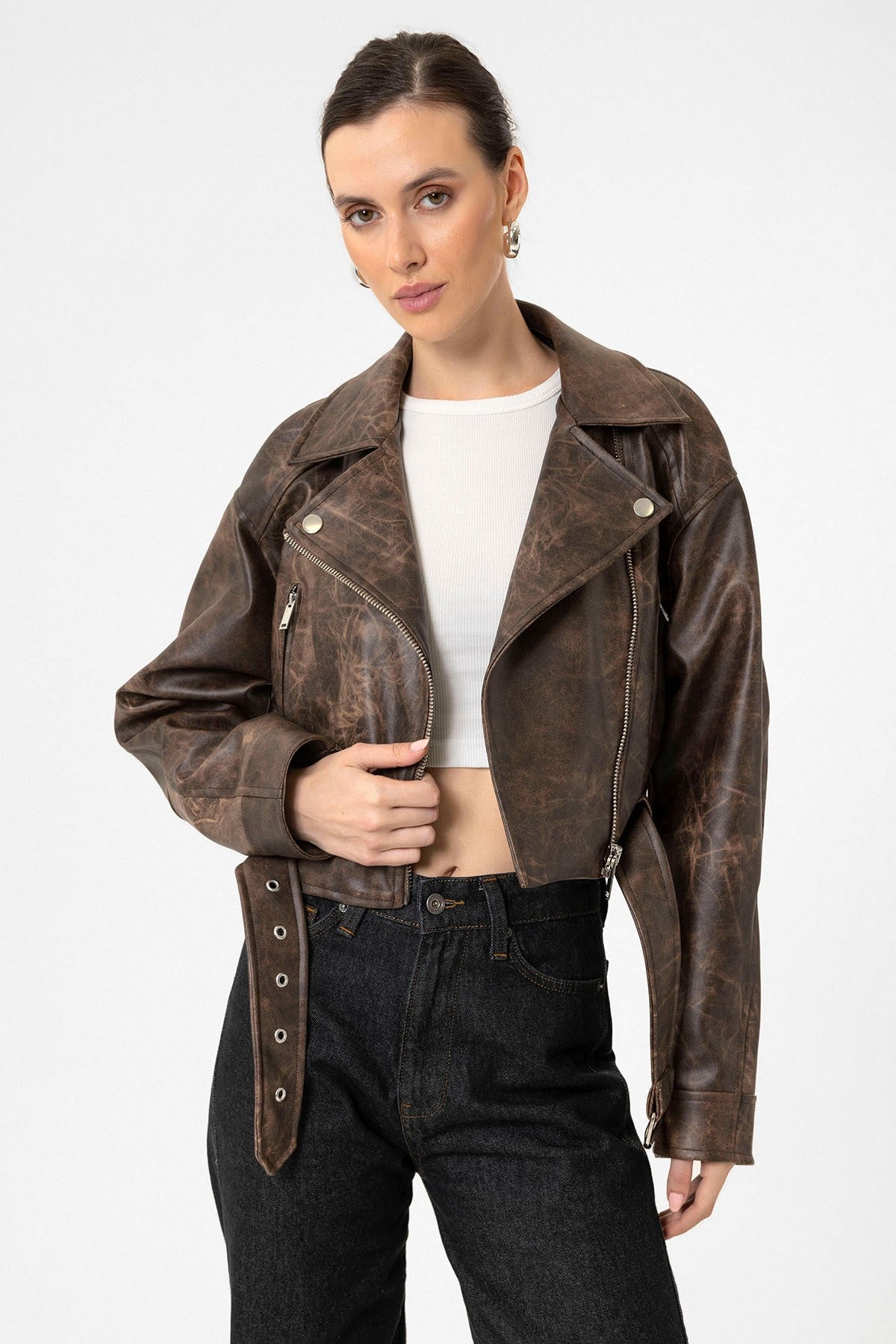 Antioch Kadın Suni Deri Crop Biker Ceket