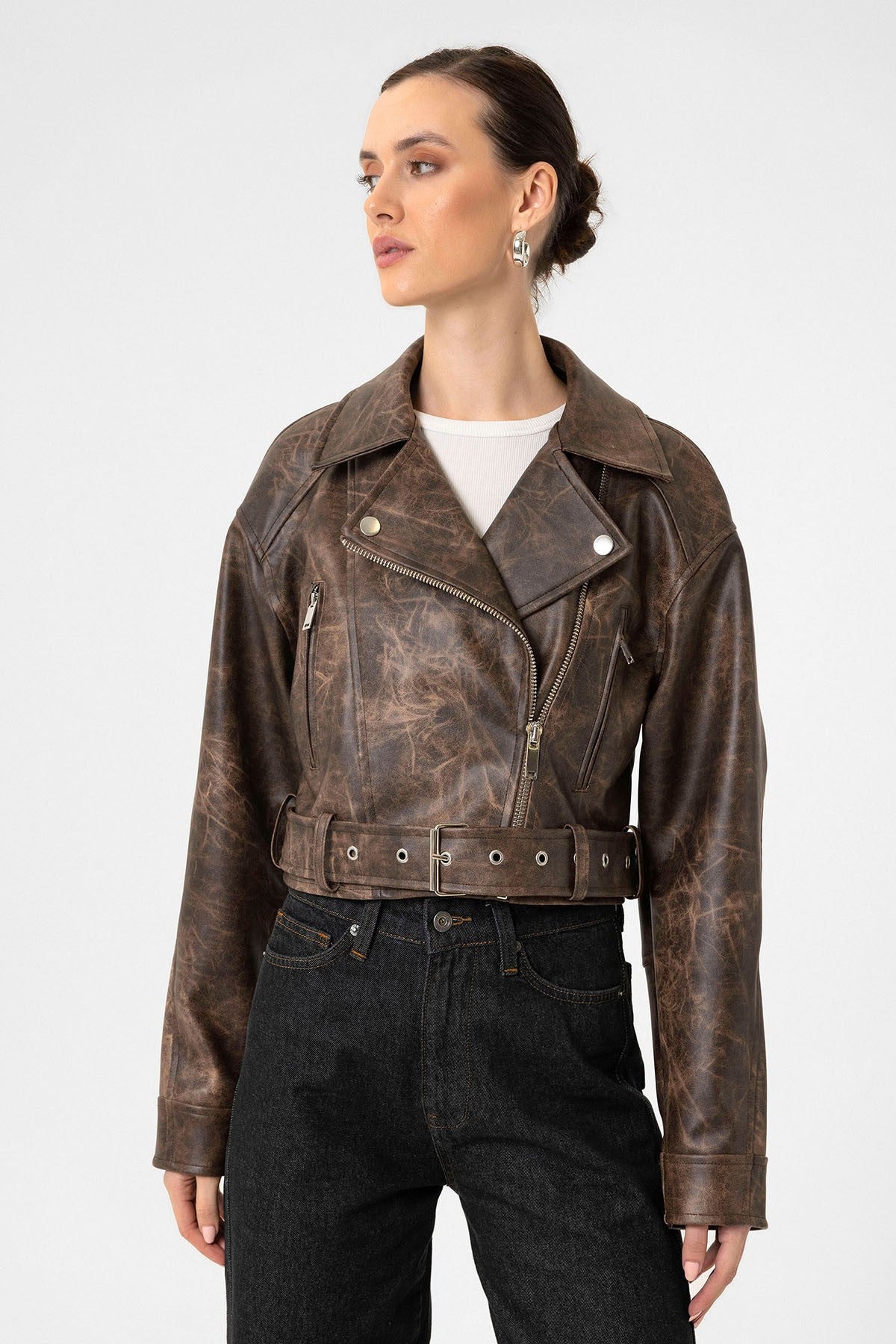 Antioch Kadın Suni Deri Crop Biker Ceket