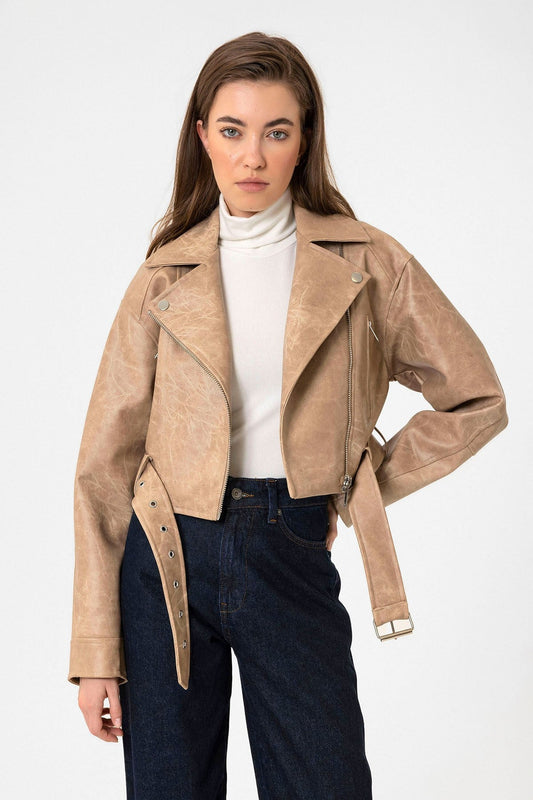 Antioch Kadın Suni Deri Crop Biker Ceket
