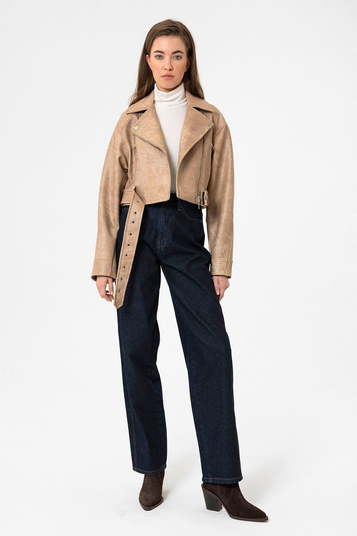 Antioch Kadın Suni Deri Crop Biker Ceket