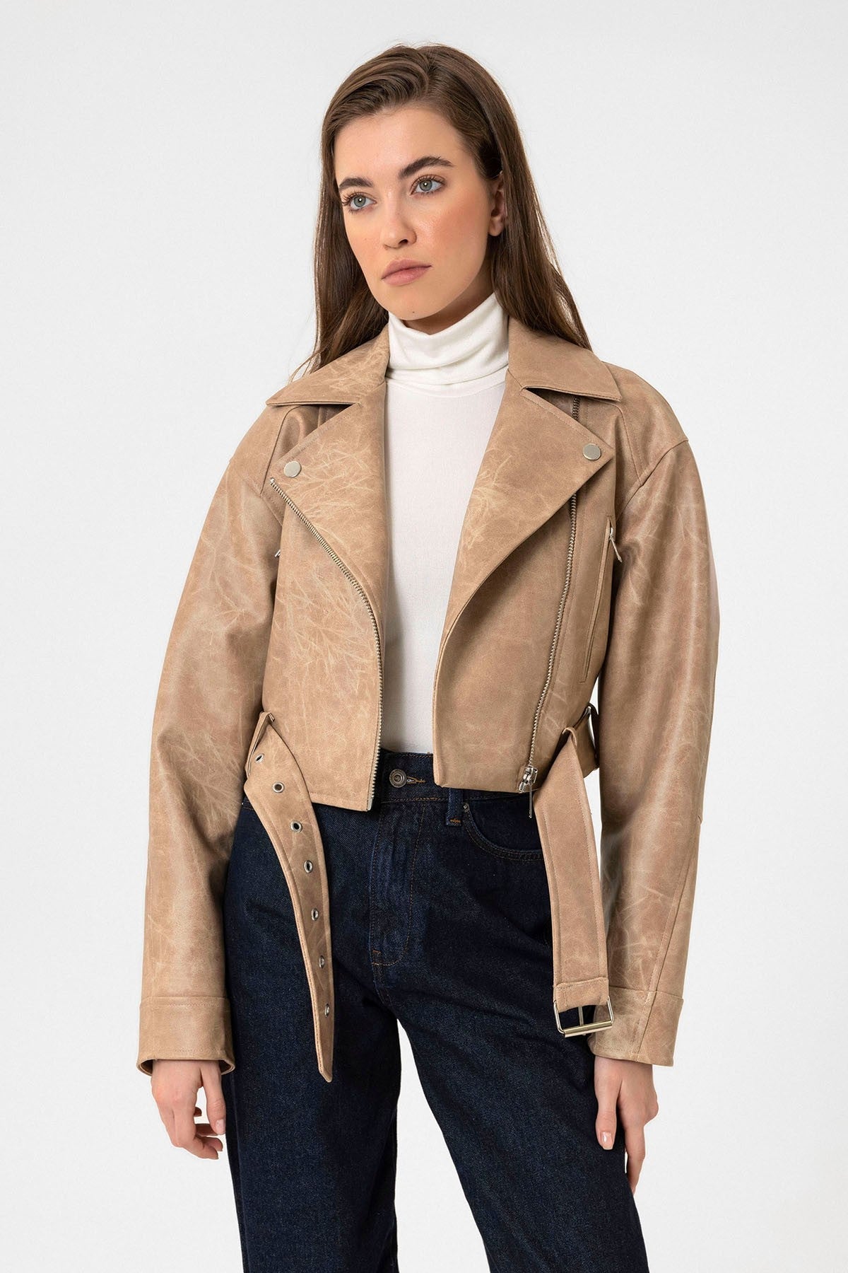 Antioch Kadın Suni Deri Crop Biker Ceket