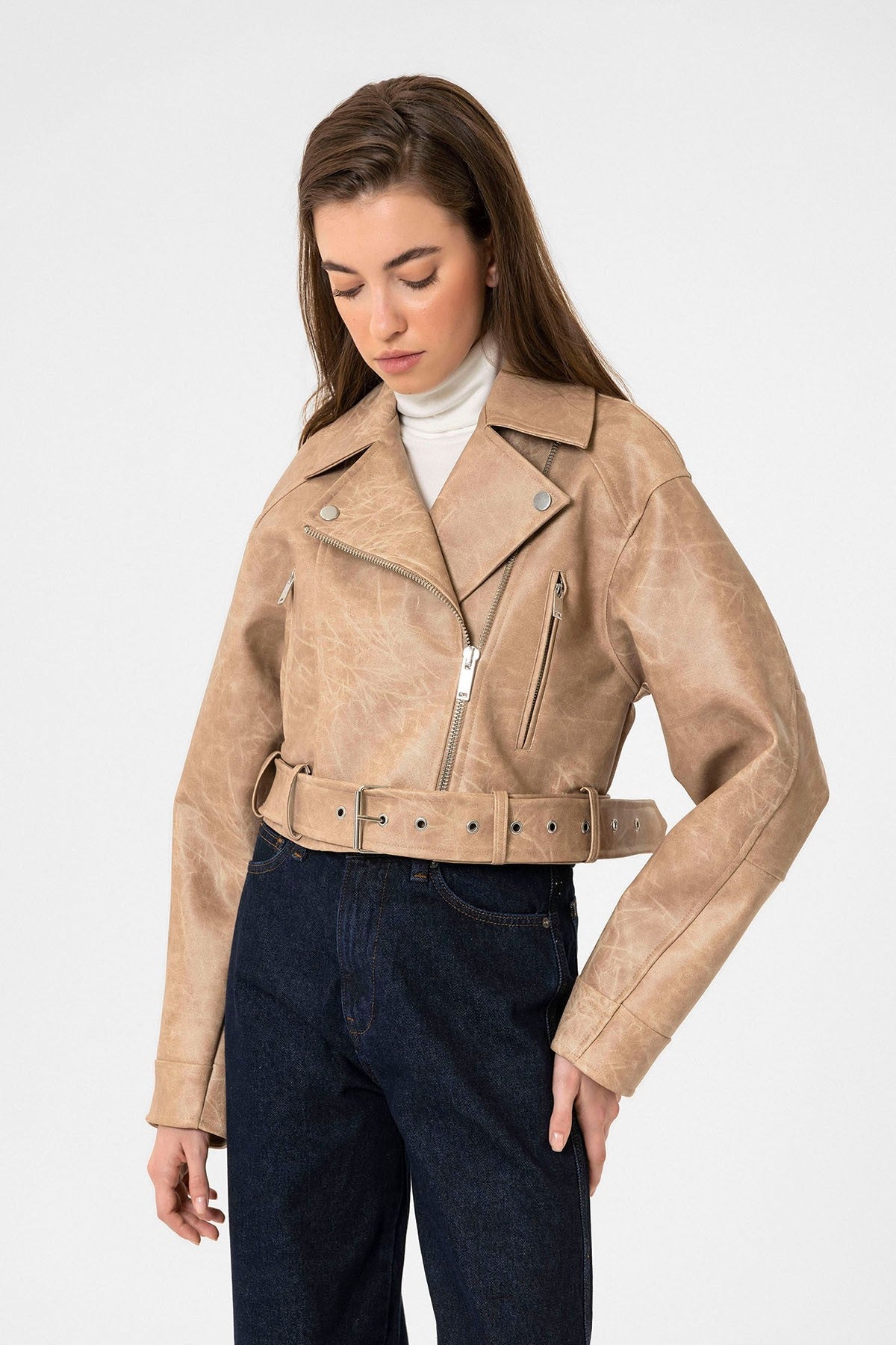 Antioch Kadın Suni Deri Crop Biker Ceket