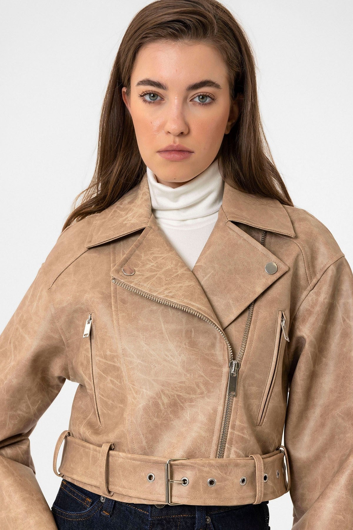Antioch Kadın Suni Deri Crop Biker Ceket
