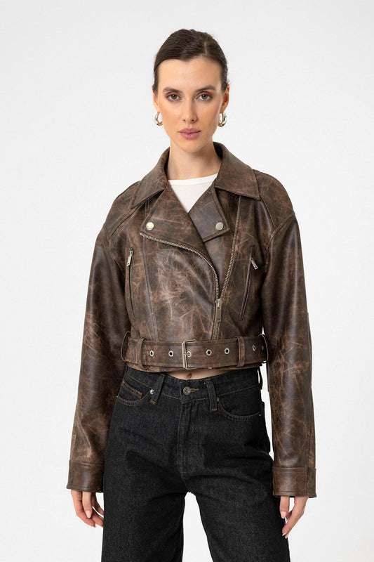 Antioch Kadın Suni Deri Crop Biker Ceket