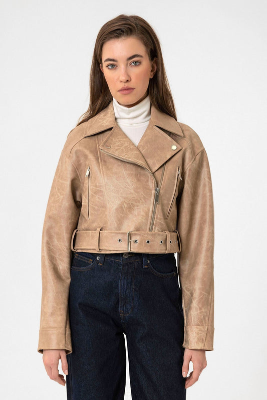 Antioch Kadın Suni Deri Crop Biker Ceket
